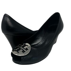 Tory Burch Black Leather Peep-Toe Wedge with Silver Logo